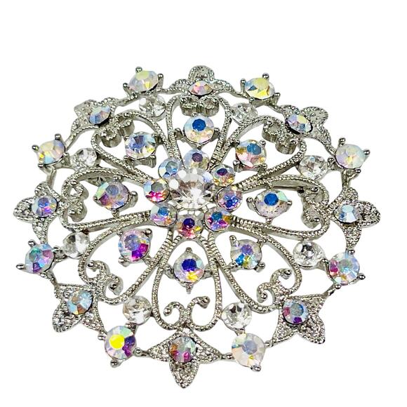 Round Flower Floral Bouquet Sash Brooch Pin Rhinestones Wedding Silver Toned - Picture 2 of 8